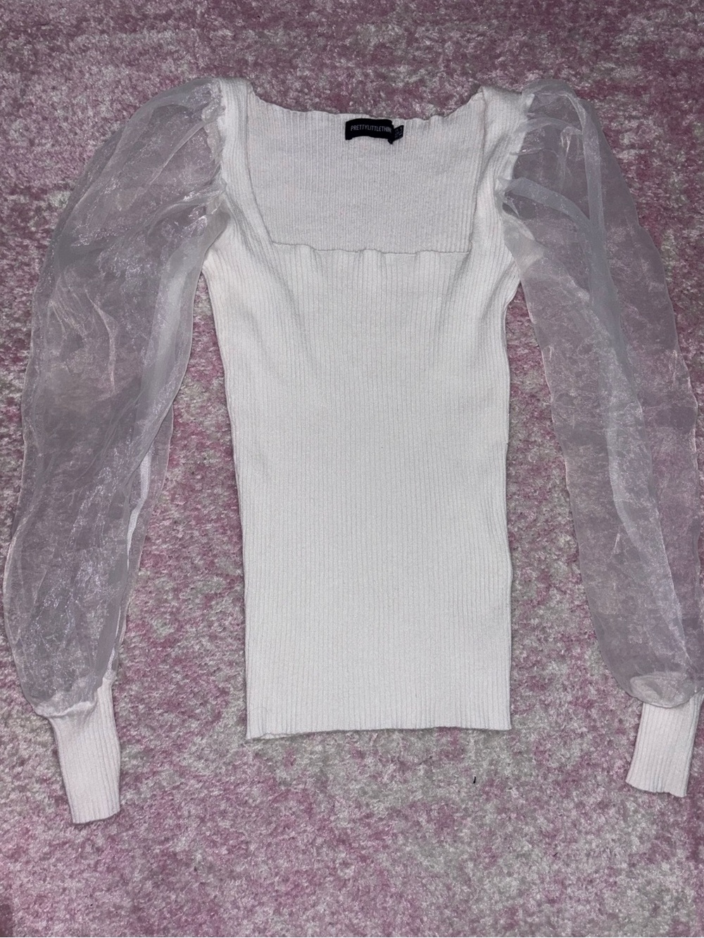 PrettyLittleThing White Ribbed Square Neck Top with Sheer Puff Sleeves